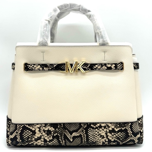 Michael Kors Large Reed Leather Belted Satchel Crossbody Bag Cream Snakeskin - Picture 2 of 11